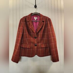Talbots Women's Burn Orange Checkered Plaid 100% Wool Blazer Size 14 Classic